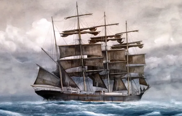 Картинка Море, Рисунок, Корабль, Паруса, Живопись, Черные, Барк, Вид с боку