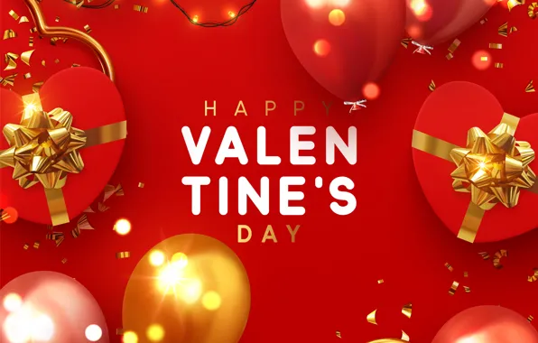 Шарики, красный, фон, надпись, подарки, сердечки, открытка, Valentines Day