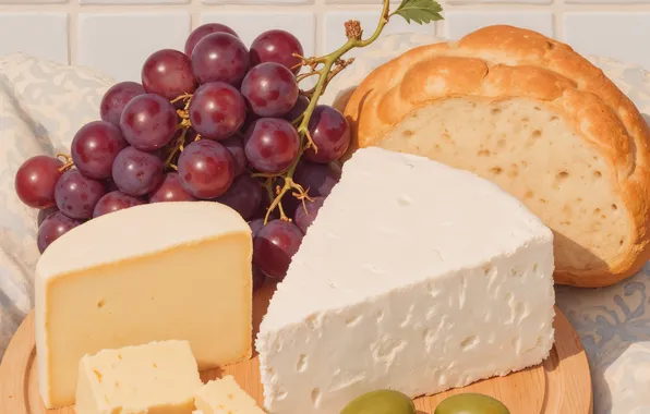 Свет, плитка, еда, полотенце, сыр, хлеб, виноград, кусочки