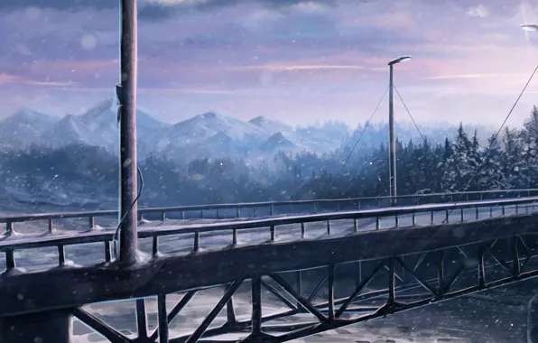 Картинка зима, снег, мост, фонарь