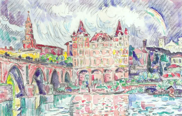 Картинка мост, река, рисунок, дома, акварель, городской пейзаж, Поль Синьяк, Вид на Монтобан под Дождем