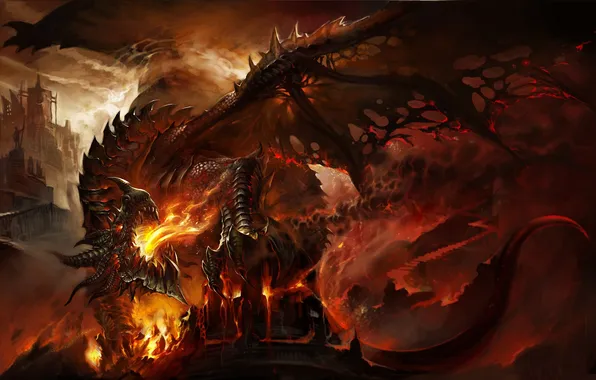 Картинка огонь, дракон, башня, арт, Dragon Age Inquisition