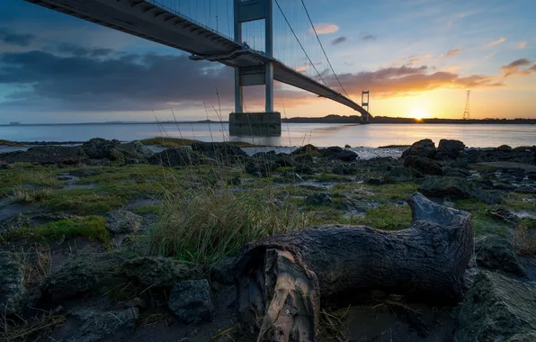 Пейзаж, закат, мост, река, Old Severn Bridge