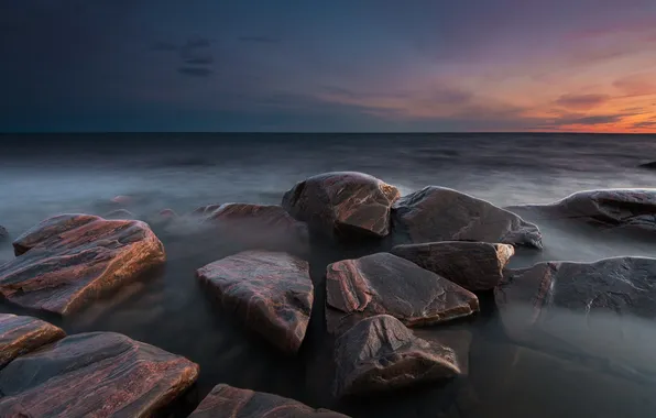 Картинка море, закат, камни, Sweden, Varmland, Takene