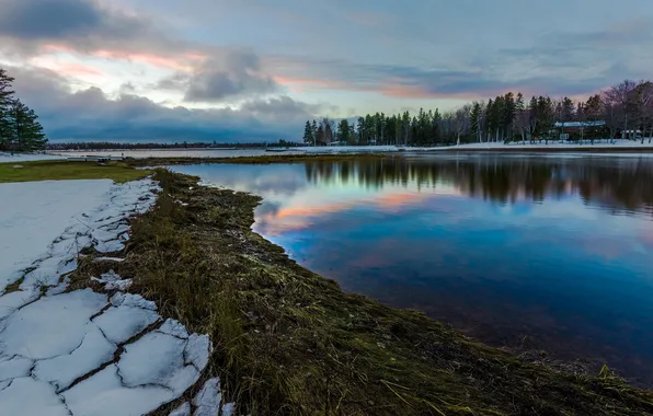 Картинка зима, снег, деревья, река, river, trees, winter, snow