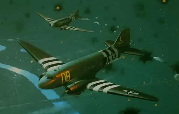 War, art, ww2, painting. drawing, d-day, airborne, c-47