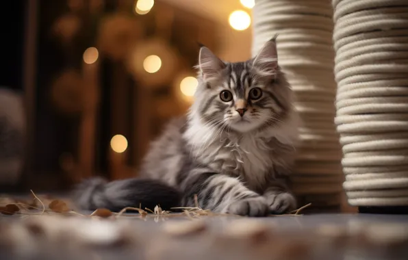 Кошка, взгляд, поза, блики, котенок, веревка, мордашка, полосатый