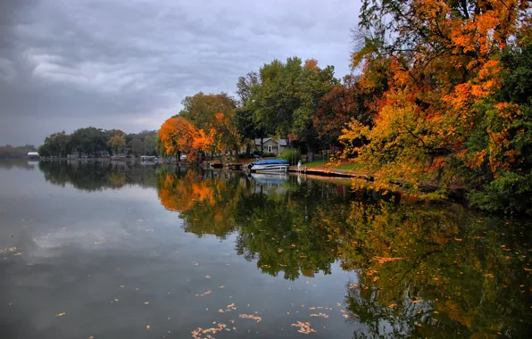 Картинка лодка, природа, деревья, листья, озеро, домик, вода, осень