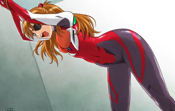 Поза, рыжая, комбинезон, Neon Genesis Evangelion, крик, art, Asuka Langley Soryu, повязка на глаз
