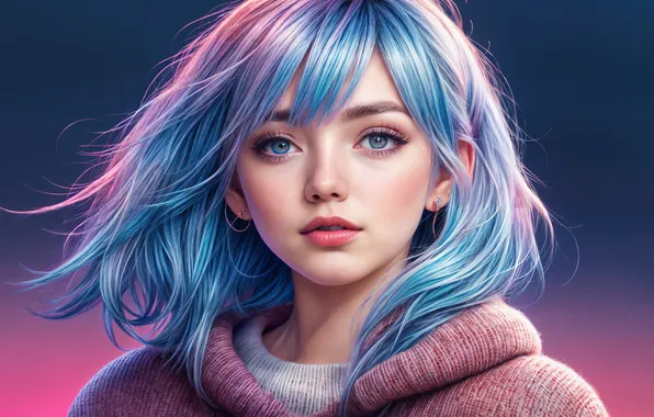 Картинка Fantasy, Blue eyes, Asian Girl, Blue hair, AI art