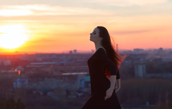 Девушка, city, блики, вид, платье, брюнетка, black, sunset