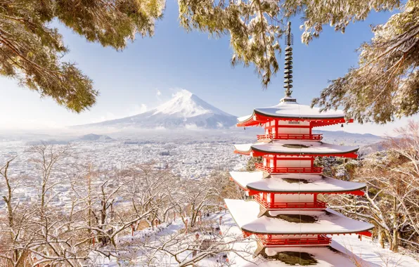 Картинка зима, гора, Япония, пагода, Фудзияма
