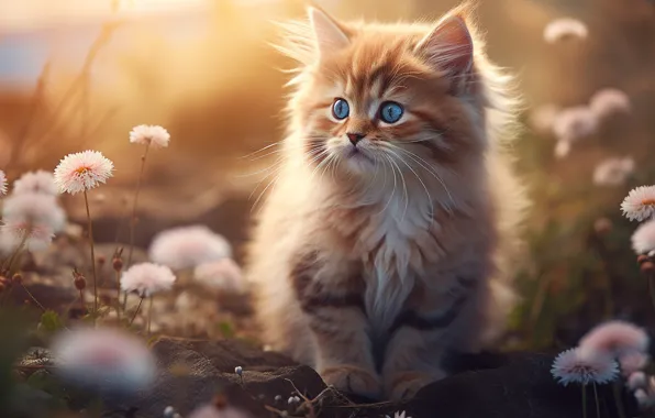 Кошка, взгляд, цветы, поза, камни, котенок, рыжий, голубые глаза