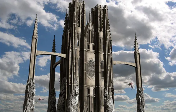 Sky, clouds, spaceships, towers, mountain cathedral