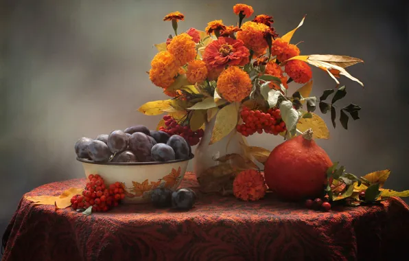 Картинка осень, тыква, фрукты, натюрморт, сливы, рябина, бархатцы, цинния