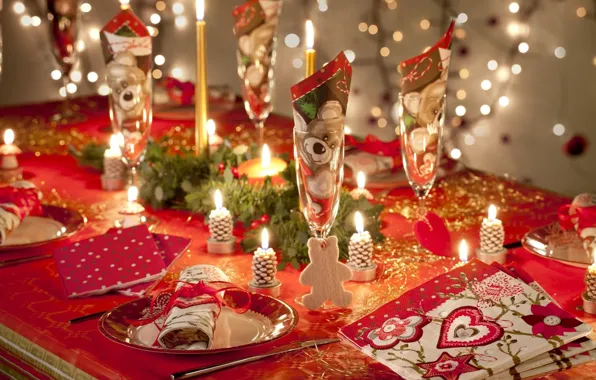 Украшения, стол, свечи, Новый Год, Рождество, holidays, Christmas, праздники