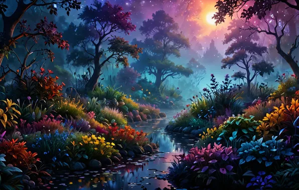 Лес, пейзаж, цветы, природа, ручей, сказка, растения