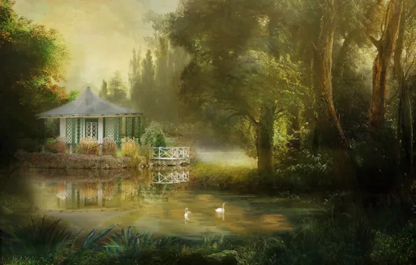 Картинка лето, деревья, пейзаж, природа, озеро, пруд, парк, рендеринг