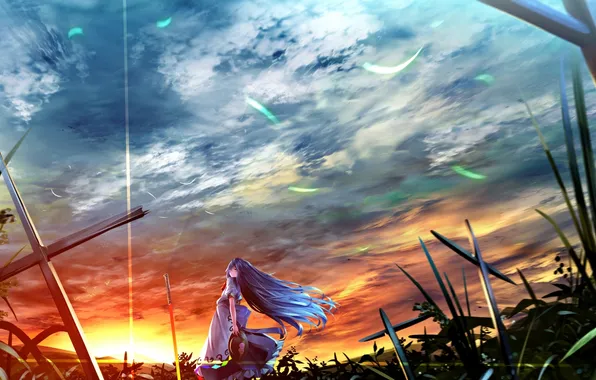 Картинка небо, трава, девушка, облака, закат, природа, оружие, кресты