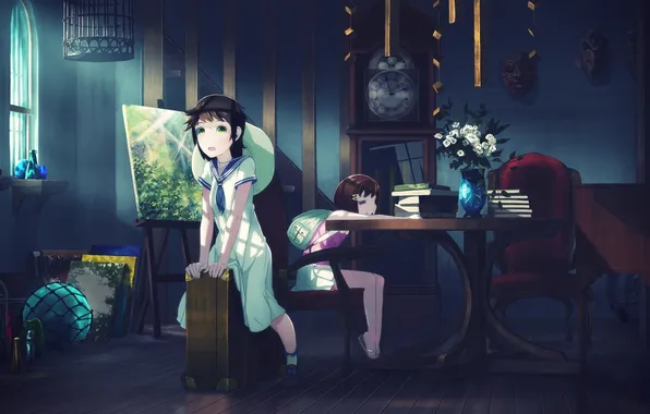 Картинка цветы, часы, картина, две девушки, рюкзак