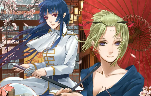 Картинка цветы, девушки, меч, зонт, сакура, красные глаза, Gintama, Imai Nobume