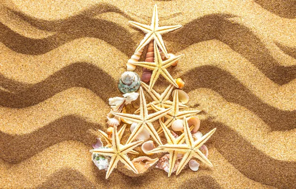 Картинка песок, украшения, елка, Новый Год, ракушки, Christmas, beach, tree