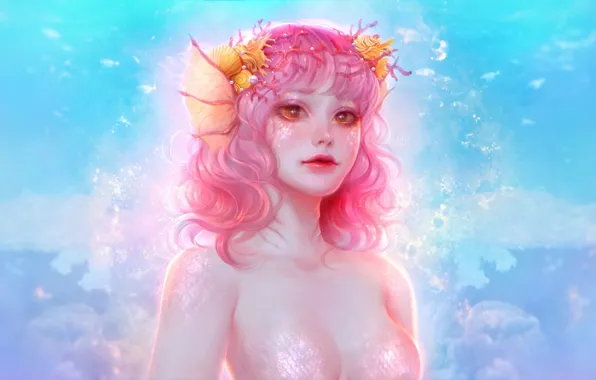 Небо, вода, русалка, кораллы, фэнтези, ракушки, by Ladygelion