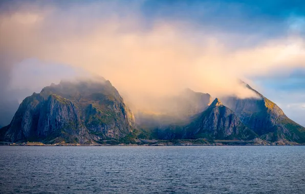Море, небо, солнце, облака, горы, скалы, побережье, Norway