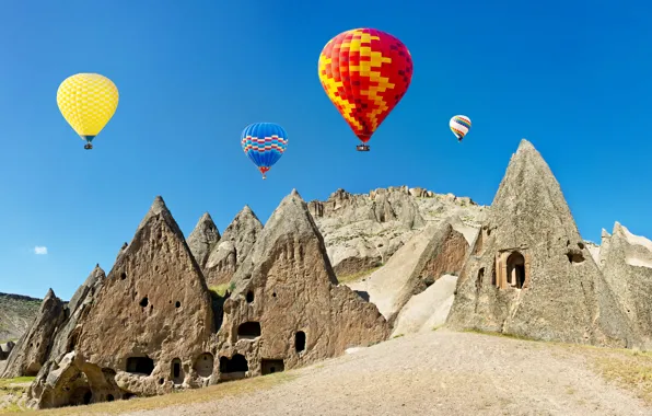 Картинка небо, солнце, воздушные шары, камни, скалы, разноцветные, Турция, Cappadocia