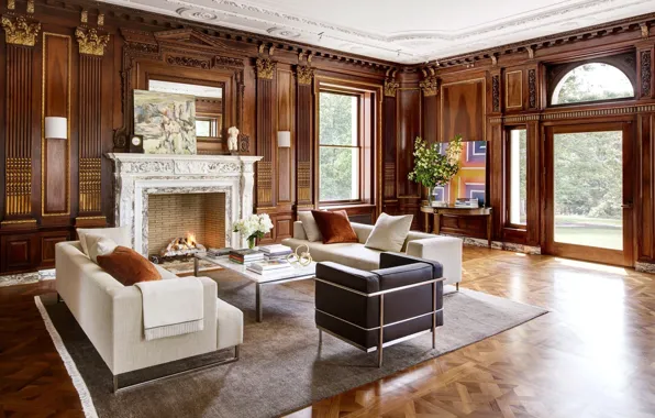 Вилла, интерьер, камин, гостиная, New Jersey, mansion, Selldorf