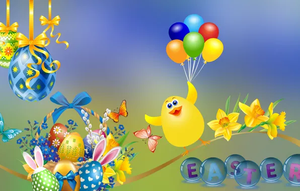 Kwiaty, Balony, Wielkanoc, Pisanki, Kurczaczek