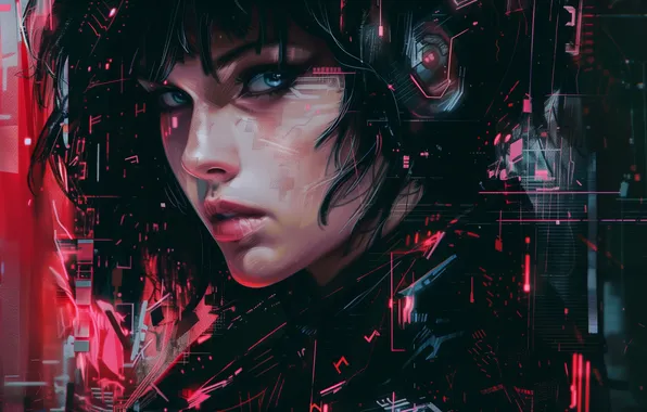 Red, anime, cyberpunk, women, AI art