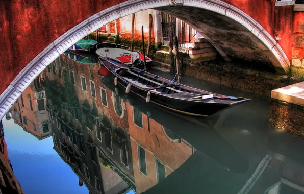 Картинка вода, мост, отражение, лодка, арка