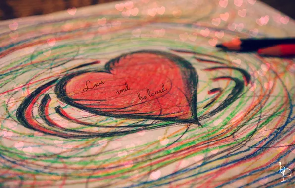 Любовь, надпись, сердце, рисунок, карандаши, валентинка