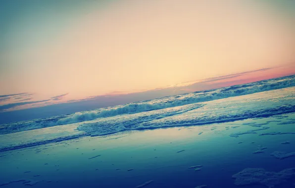 Картинка песок, море, пляж, небо, пена, вода, закат, фото