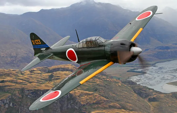 Картинка полет, ретро, самолет, ландшафт, истребитель, пилот, Mitsubishi A6M