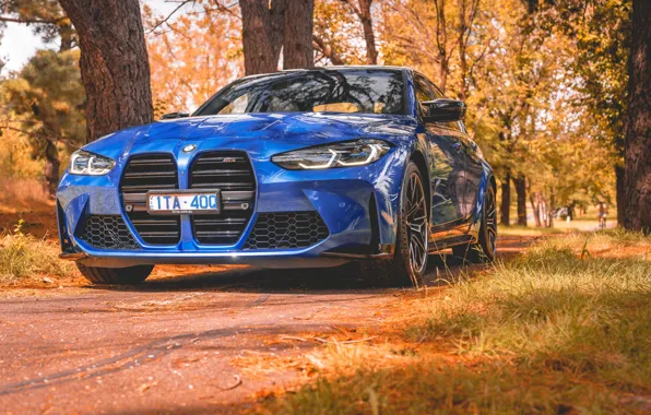 Картинка BMW, Blue, Front, Autumn, BMW M3, Road, Forest, G80