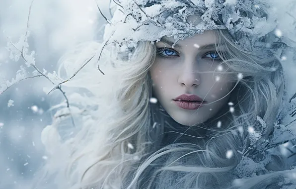 Зима, иней, взгляд, девушка, снег, ветки, природа, лицо