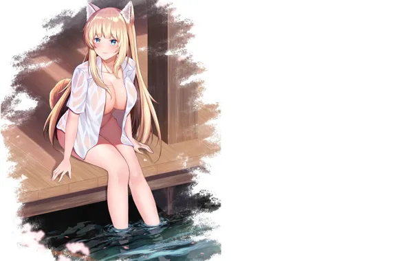 Girl, hot, sexy, fox, boobs, anime, water, pretty