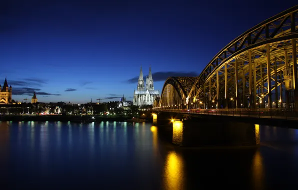 Мост, отражение, река, здания, вечер, Германия, подсветка, архитектура