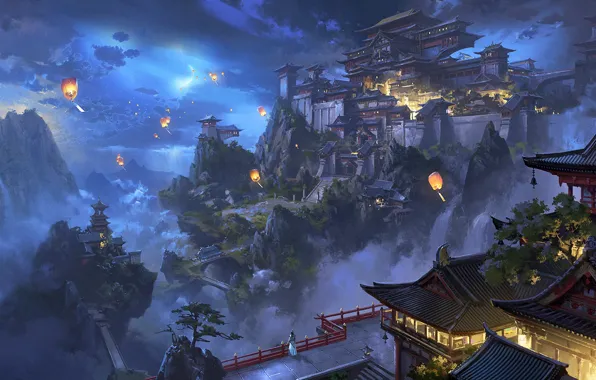 Картинка ночь, город, фонарики, ling xiang