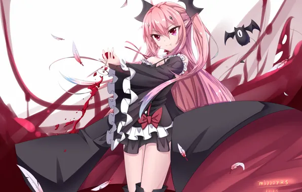 Девушка, кровь, бокал, перья, вампир, Owari no Seraph, Последний серафим