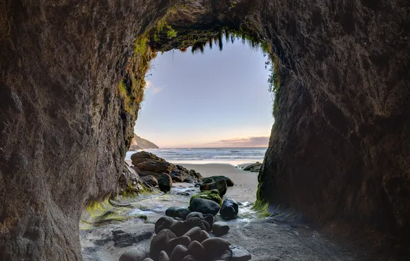 Пляж, природа, камни, океан, пещера, Oregon, Heceta Head Lighthouse Scenic Viewpoint