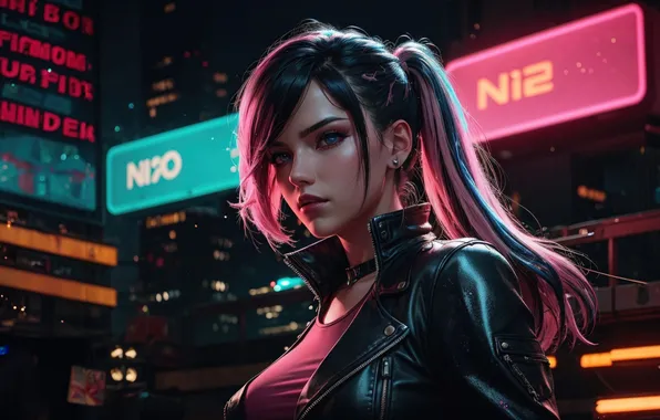 Girl, Anime, Night, Night City, Anime Girl, AI Art, AI Generated
