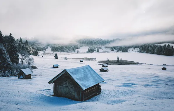 Картинка зима, снег, долина, Альпы, домики, леса