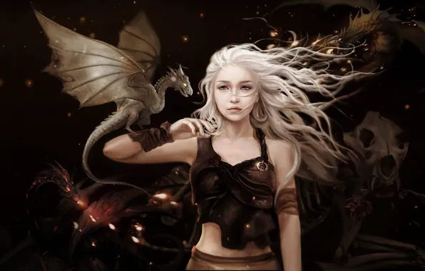 Девушка, дракон, роза, арт, дракончик, Песнь Льда и Огня, Игра престолов, Daenerys Targaryen