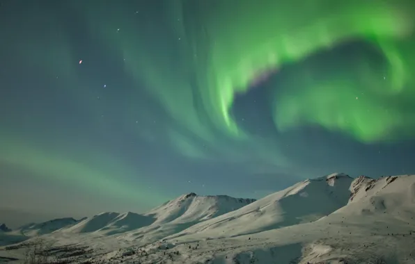 Картинка зима, звезды, снег, горы, ночь, северное сияние, Аляска, США
