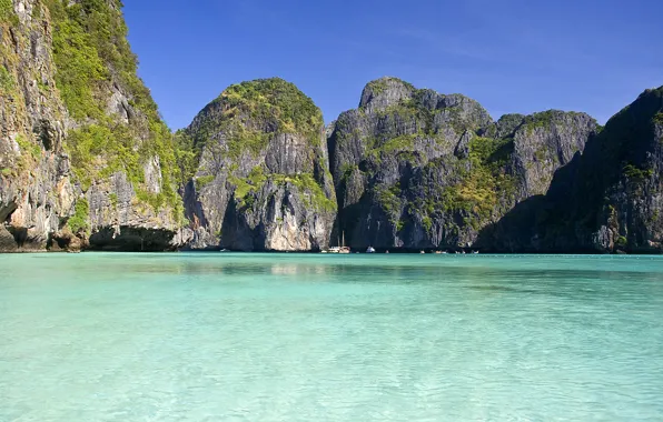 Океан, скалы, лодки, Таиланд, Phi-Phi islands