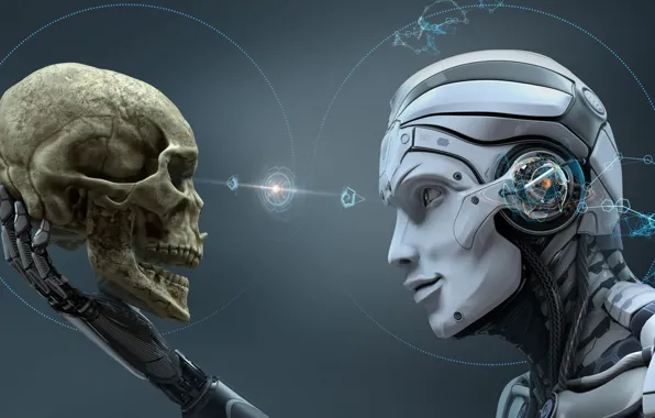 Взгляд, череп, робот, технологии, skull, robot, изучение, look