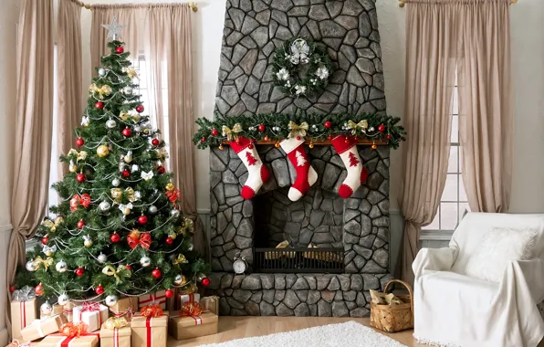 Картинка украшения, игрушки, елка, Новый Год, Рождество, подарки, камин, Christmas